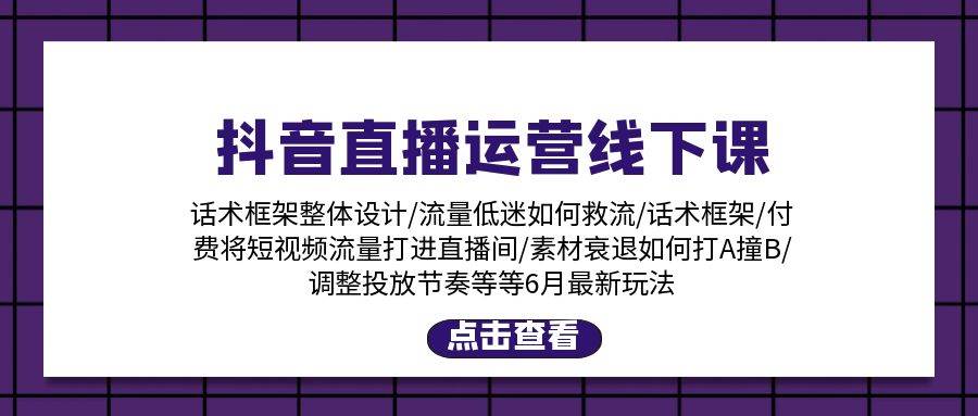 抖音直播运营线下课：话术框架/付费流量直播间/素材A撞B/等6月新玩法-云创网阁